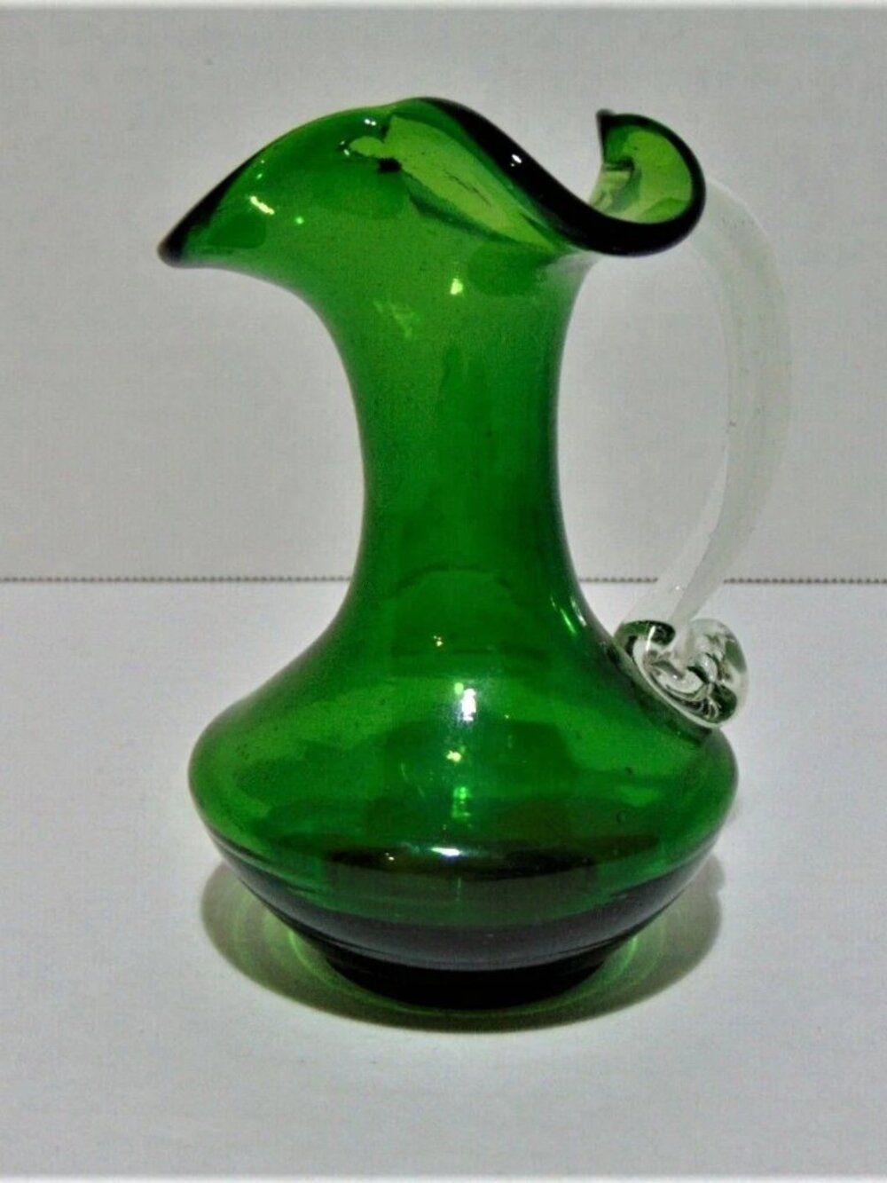 Vintage Rainbow Art Glass Green Pitcher Clear Handle Mid Century 4.5 InchI don't